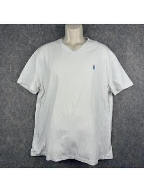 Polo Ralph Lauren V Neck Classic Fit T Shirt White Blue Pony Size Large 327